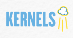 Kernels Popcorn logo; blue bubble text with a popcorn kernel shooting up into the air like a firework.